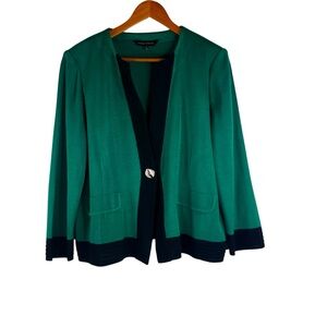 Ming Wang Women’s One Button Green Jacket Cardigan Size Large Black Trim